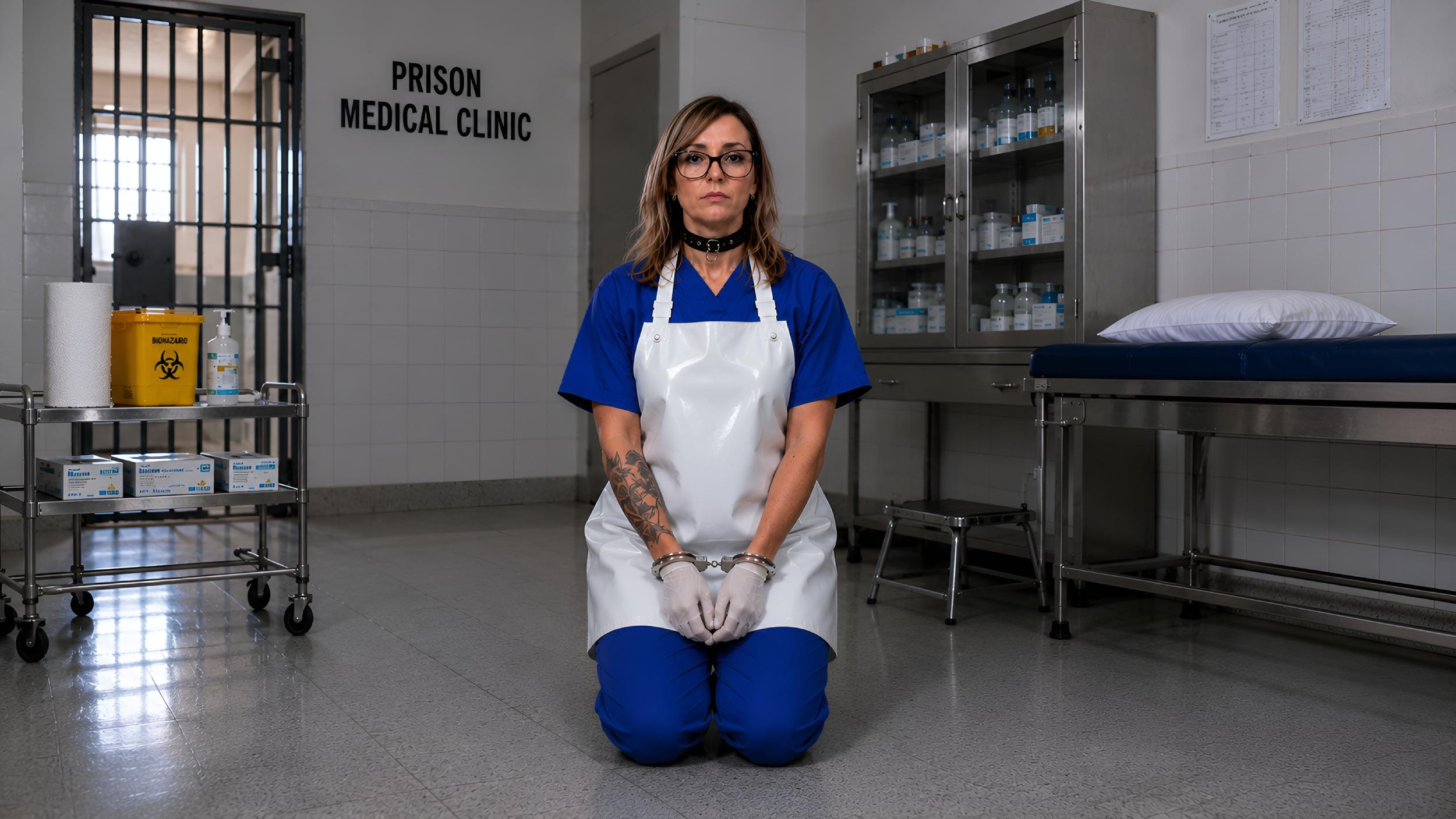 Dr. Eve kneeling in medical BDSM shackles as a submissive patient