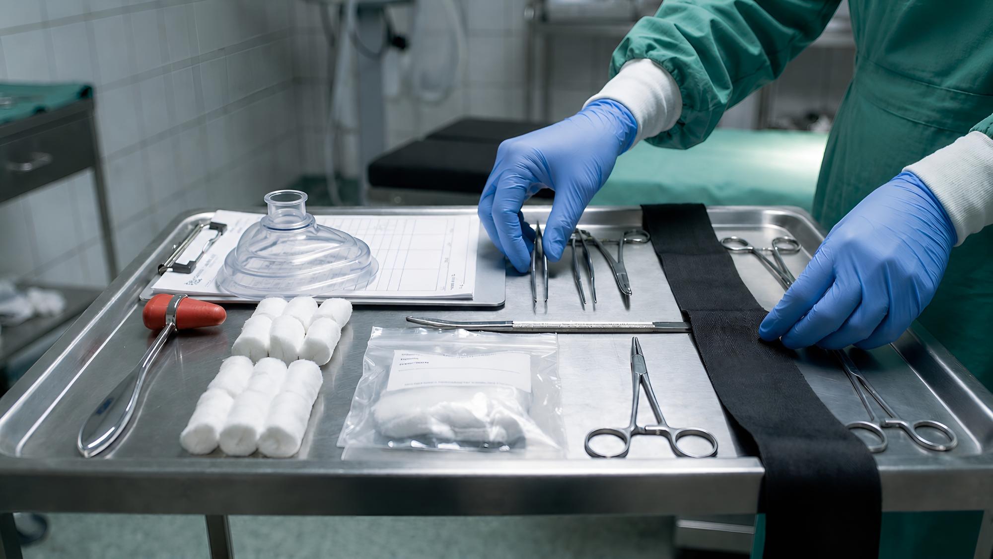 Mistress Alexia medical BDSM examination tools tray in femdom clinic